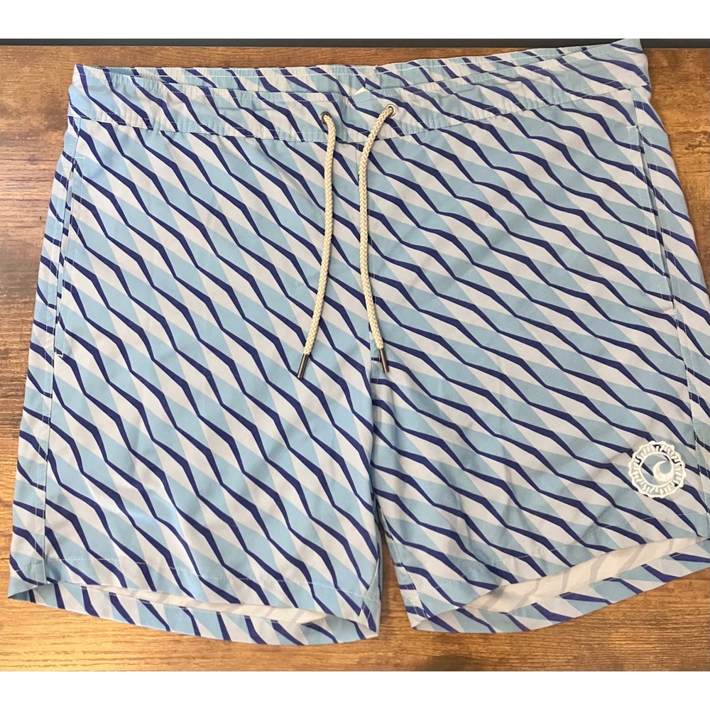 Fair Harbor Blue Geometric Wave Print Mens Swim Trunks Board Shorts Size Large